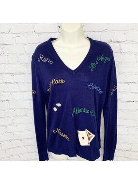 VINTAGE LIGHTWEIGHT NAVY GAMBLING CASINO SWEATER VEGAS!!!